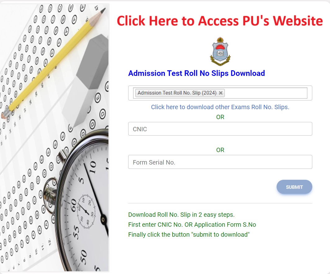 Webpage showing PU Admission Test Slip Download